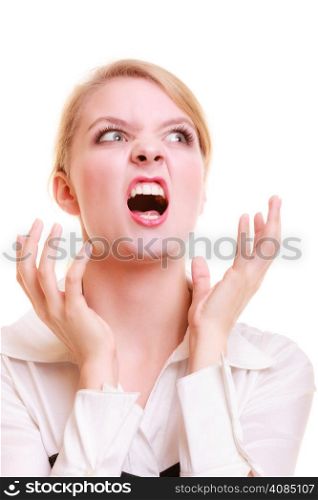 Negative emotions. Angry mad businesswoman crazy boss furious woman screaming isolated on white. Stress in business work.