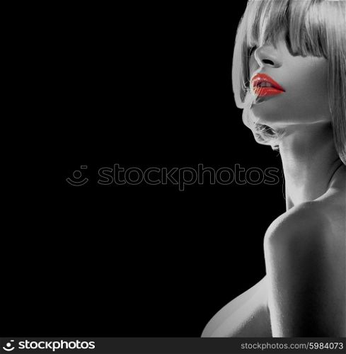 Negative style portrait of an alluring lady with red lips