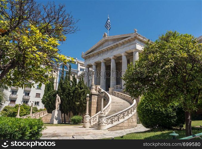 Neoclassical building housing the National Library of Greece in Athens city center. National Library of Greece in Athens