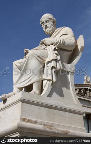 Neoclassical statue of ancient Greek philosopher Plato in front of Academy of Athens, Greece.