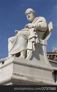 Neoclassical statue of ancient Greek philosopher Plato in front of Academy of Athens, Greece.