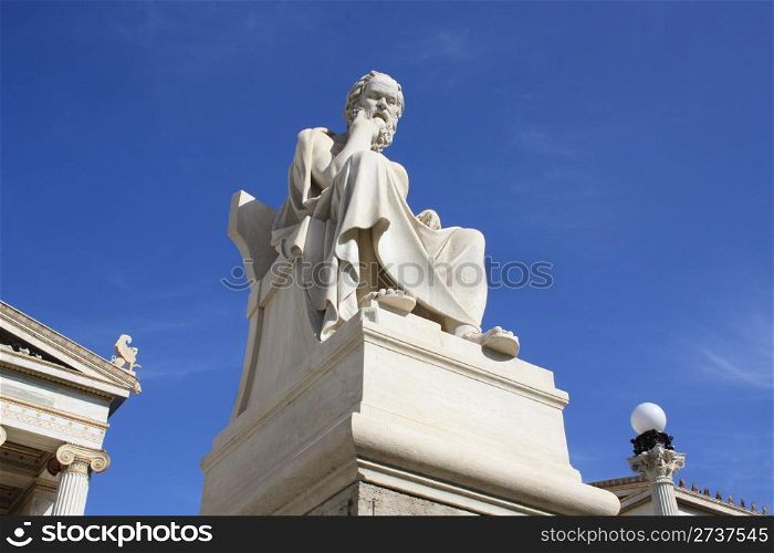 Neoclassical statue of ancient Greek philosopher, Socrates, outside Academy of Athens in Greece