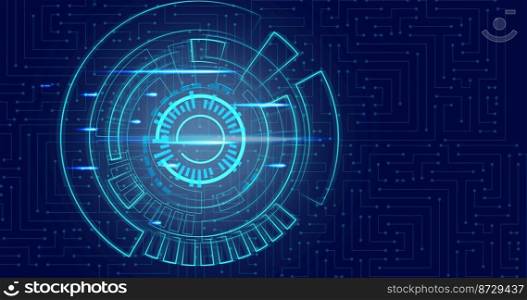 Neon abstract circles on a blue background. Virtual element, place for inscription