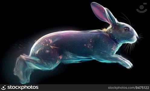 Neon abstract graphic outline of a rabbit in a jump, wild animal. Dark background isolate. Header banner mockup with copy space. AI generated.. Neon abstract graphic outline of rabbit in jump, wild animal. Dark background isolate. AI generated.