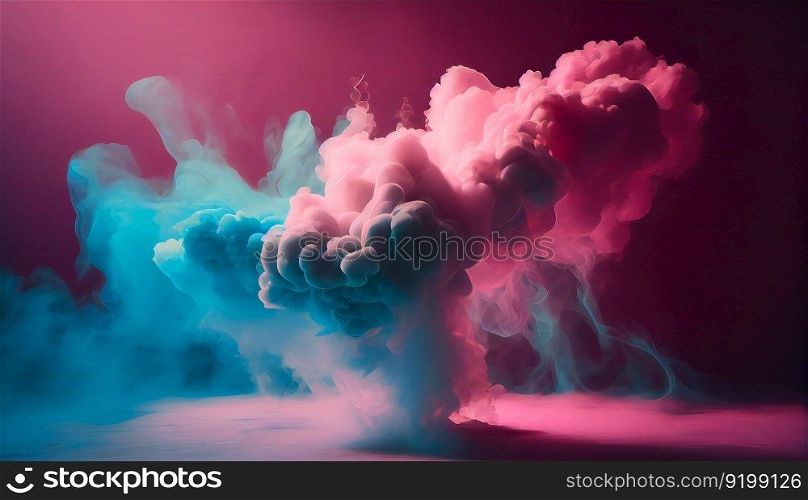 Neon blue and purple multicoloured smoke puff cloud design elements on a dark background. Generative ai illustration. . Neon blue and purple multicoloured smoke puff cloud design elements on a dark background. Generative ai. 
