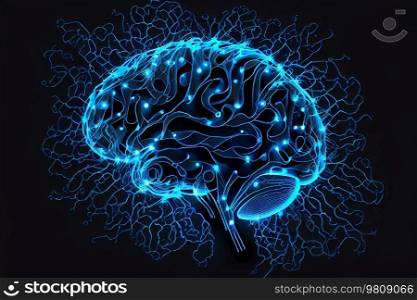 Neon Blue Digital Brain Made. Illustration AI Generative 