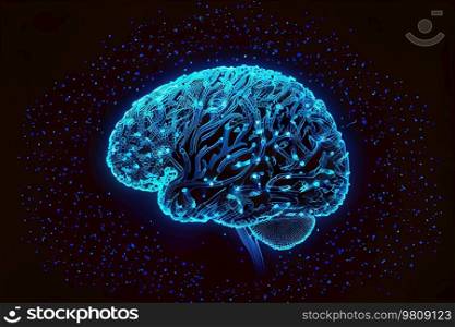 Neon Blue Digital Brain Made. Illustration AI Generative 