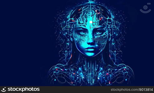 Neon blue female cyborg robot as Artificial Intelligence concept with copy space - Generative AI illustration