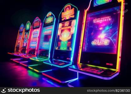 Neon casino slot machine. Bet money winner. Generate Ai. Neon casino slot machine. Generate Ai