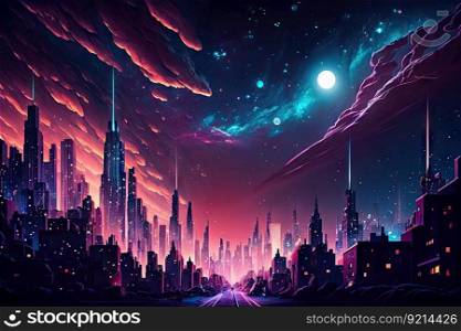 neon cityscape with starry night sky, providing a magical atmosphere, created with generative ai. neon cityscape with starry night sky, providing a magical atmosphere