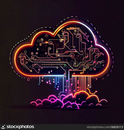 Neon Cloud computing technology concept. Illustration AI Generative 