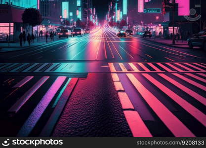 neon crosswalk with busy city street in the background, created with generative ai. neon crosswalk with busy city street in the background