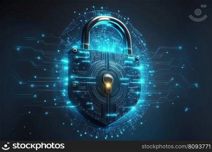 Neon data with locked padlock on dark background. Concept of protection technology, security and confidentiality. Safety, encryption, privacy, digital cybersecurity. AI. Neon data with locked padlock. Concept of protection, security technology. AI