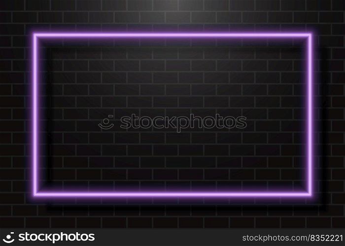 Neon Glowing Rectangle Frame for Banner on Dark Empty Grunge Brick Background