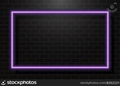 Neon Glowing Rectangle Frame for Banner on Dark Empty Grunge Brick Background