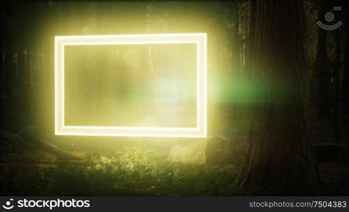 Neon glowing rectangle frame in the night forest