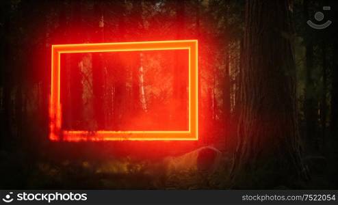 Neon glowing rectangle frame in the night forest