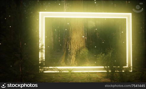 Neon glowing rectangle frame in the night forest