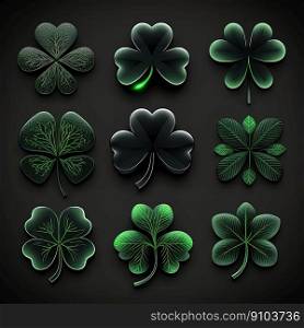 Neon glowing shamrock icons on black background, icon collection for game. Four leaf green clover for good luck on St. Patricks Day. Bright elements for design. AI. Set of shamrock icon for game on black background. St Patricks symbol of luck. AI