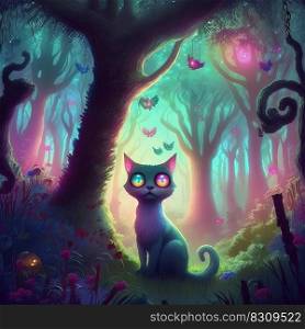 Neon iridescent psychedelic cat in enchanted forest. Spirit animal portrait. Fairy tale atmosphere. Generative AI. Not based on any actual scene. Neon psychedelic cat in enchanted forest. Generative AI. Not based on any actual scene or pattern