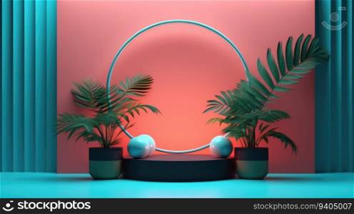 Neon light 3d background product display podium scene with tropic leaves geometric platform. Stand to show cosmetic product. Realistic stage showcase on pedestal display