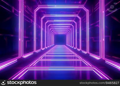 Neon light abstract background. Square tunnel or corridor violet neon glowing lights. Laser lines and LED technology create glow in dark room. Cyber club neon light stage room. Generative AI.