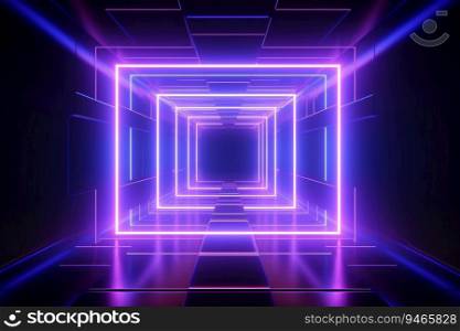 Neon light abstract background. Square tunnel or corridor violet neon glowing lights. Laser lines and LED technology create glow in dark room. Cyber club neon light stage room. Generative AI.