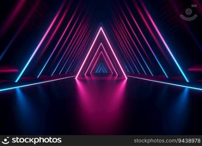 Neon light abstract background. Triangle tunnel or corridor pink blue neon glowing lights. Laser lines and LED technology create glow in dark room. Cyber club neon light stage room. Generative AI.