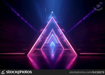 Neon light abstract background. Triangle tunnel or corridor violet neon glowing lights. Laser lines and LED technology create glow in dark room. Cyber club neon light stage room. Generative AI.