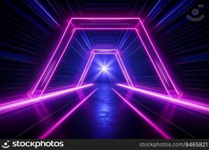 Neon light abstract background. Tunnel or corridor violet neon glowing lights. Laser lines and LED technology create glow in dark room. Cyber club neon light stage room. Laser show. Generative AI.
