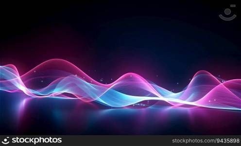 Neon light abstract background with pink and blue wavy lines. Glowing neon lighting. Futuristic style. Music and energy in abstract background with synthwave vibe. Pulse power lines. Generative AI.