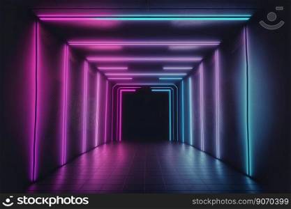 Neon light corridor tunnel with diminishing perspective view . Futuristic walking pathway. Peculiar AI generative image.. Neon light corridor tunnel with diminishing perspective view