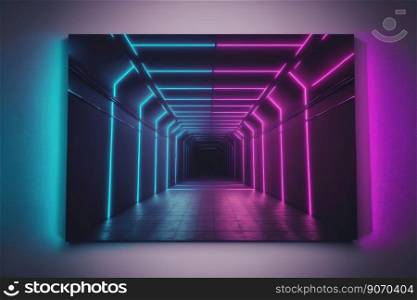 Neon light corridor tunnel with diminishing perspective view . Futuristic walking pathway. Peculiar AI generative image.. Neon light corridor tunnel with diminishing perspective view