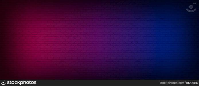 Neon light on brick wall texture as background. Lighting effect red and blue neon backgrounds panorama picture.