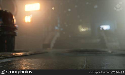 neon lights in soft focus on street with fog at night