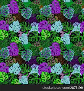 Neon monstera leaves seamless pattern. Acid tropical background. Vivid foliage backdrop. Tropical leaf. Tropic endless wallpaper. Design for fabric, textile print, surface, wrapping, cover. Neon monstera leaves seamless pattern. Acid tropical background. Vivid foliage backdrop. Tropical leaf.