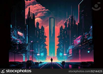 neon night city crossing with a view of towering skyscrapers and illuminated streets, created with generative ai. neon night city crossing with a view of towering skyscrapers and illuminated streets
