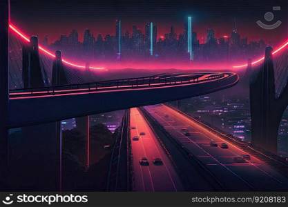 neon night city crossing with nighttime skyline, showing the view from a high vantage point, created with generative ai. neon night city crossing with nighttime skyline, showing the view from a high vantage point