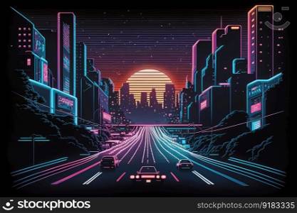 neon night city crossing with view of glittering skyline, including the iconic towers, created with generative ai. neon night city crossing with view of glittering skyline, including the iconic towers