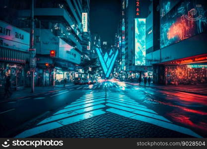 Neon night city Shibuya crossing in Tokyo. Generative AI. High quality illustration. Neon night city Shibuya crossing in Tokyo. Generative AI