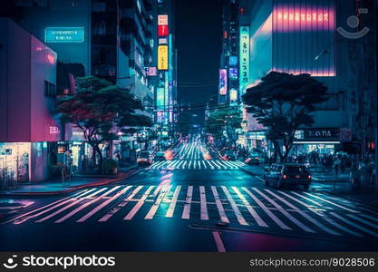 Neon night city Shibuya crossing in Tokyo. Generative AI. High quality illustration. Neon night city Shibuya crossing in Tokyo. Generative AI