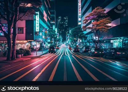 Neon night city Shibuya crossing in Tokyo. Generative AI. High quality illustration. Neon night city Shibuya crossing in Tokyo. Generative AI