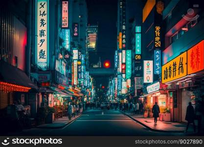 Neon night city street in Tokyo. Ge≠rative AI. High quality illustration. Neon night city street in Tokyo. Ge≠rative AI