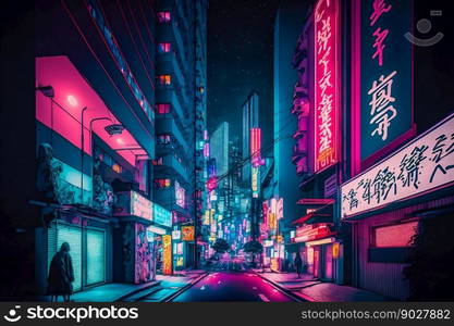 Neon night city street in Tokyo. Generative AI. High quality illustration. Neon night city street in Tokyo. Generative AI