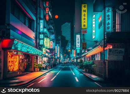 Neon night city street in Tokyo. Generative AI. High quality illustration. Neon night city street in Tokyo. Generative AI