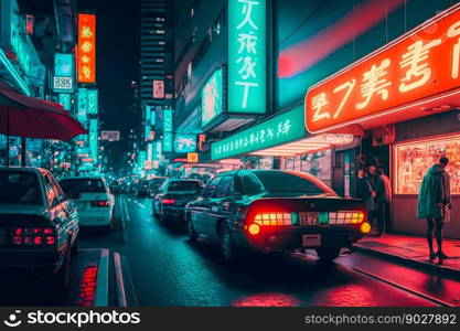 Neon night city street in Tokyo. Generative AI. High quality illustration. Neon night city street in Tokyo. Generative AI