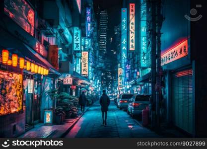 Neon night city street in Tokyo. Generative AI. High quality illustration. Neon night city street in Tokyo. Generative AI