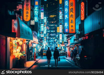 Neon night city street in Tokyo. Generative AI. High quality illustration. Neon night city street in Tokyo. Generative AI