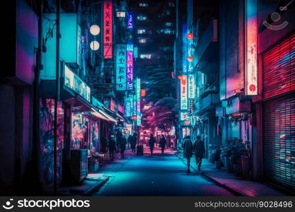 Neon night city street in Tokyo. Generative AI. High quality illustration. Neon night city street in Tokyo. Generative AI