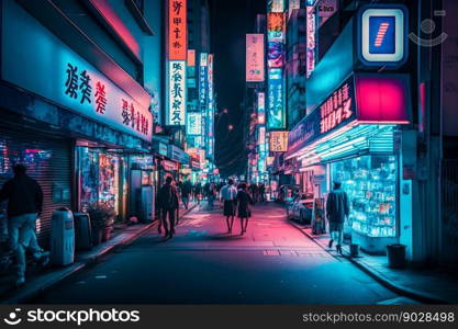 Neon night city street in Tokyo. Generative AI. High quality illustration. Neon night city street in Tokyo. Generative AI